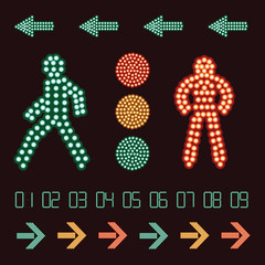 Vector set of traffic light symbols with digits, arrows and man silhouettes.