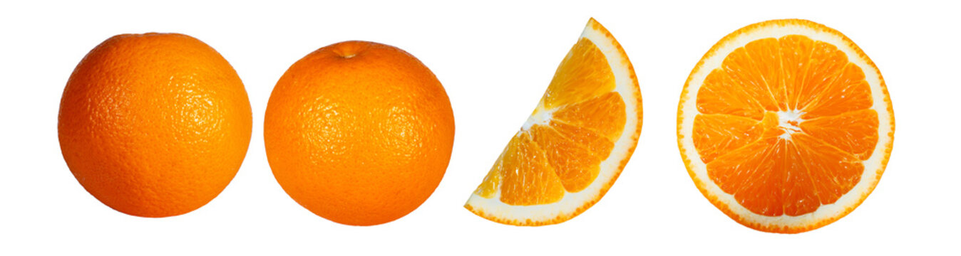 Orange fruits and orange clipping path or slice isolated on white background. 