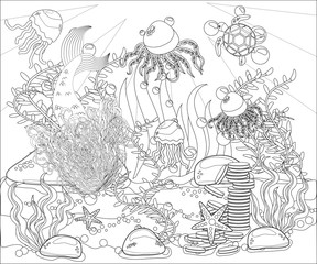 Beautiful mermaid. Underwater world. Anti stress coloring book for adult. Outline drawing coloring page. Black and white in zentangle style. Sea, shells. Marine theme.