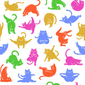 Cartoon Doodle Comic Colorful Outline Vector Seamless Pattern And Background  Of Zen Meditating Cats In Yoga Pose and Asana, Namaste