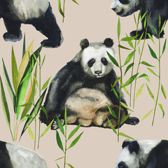 Hand drawn watercolor pattern with panda, bamboo leaves. Seamless patterns