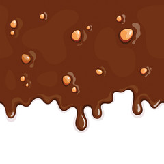 Vector illustration of milk chocolate with nuts which is flowing down