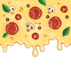 Vector illustration of pizza topping with sausages slices, mushrooms, onion, and tomatoes is flowing down. Italian pizza background.