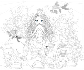 Fototapeta na wymiar Coloring book for children: little mermaid and sea world