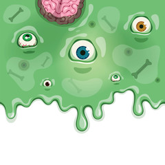 Vector illustration of oozing slime with eyeballs, human bones and brain. Halloween zombie background.