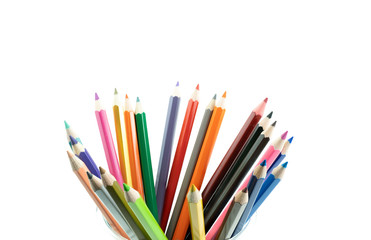Collection of crayon de couleur for drawing at white background,