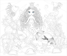 Fototapeta na wymiar Coloring book for children: little mermaid and sea world