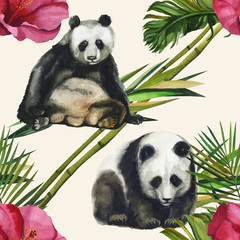 Hand drawn watercolor pattern with panda and exotic flowers, bamboo leaves. Seamless patterns