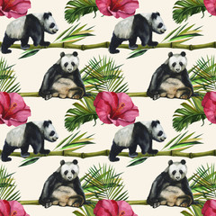 Hand drawn watercolor pattern with panda and exotic flowers, bamboo leaves. Seamless patterns