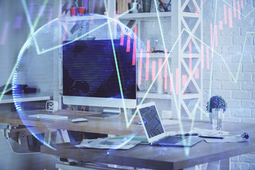 Financial market graph hologram and personal computer on background. Multi exposure. Concept of forex.