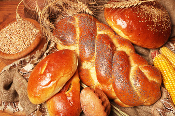 Assortment of baked goods on a wooden table