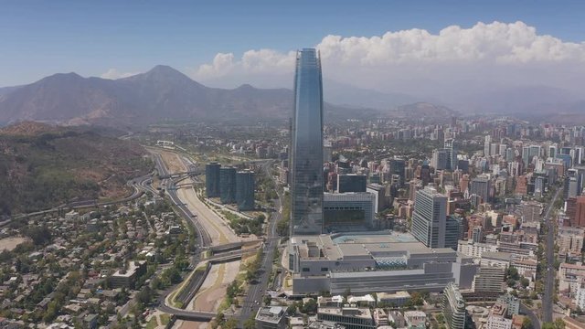Aerial shots of Santiago city and Costanera Center Tower - Gran Torre Santiago. Las Condes.
