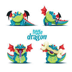 Vector set of illustrations of playful little dragon in different poses.