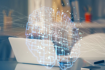Double exposure of table with computer and brain hologram. Data innovation concept.