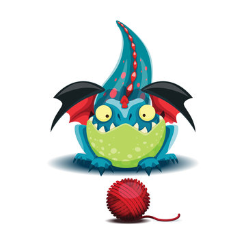 Little dragon playing with a ball of threads. Vector illustration of small dragon.