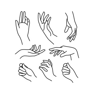 Woman's hand icon collection line. Vector Illustration of Elegant female hands of different gestures.