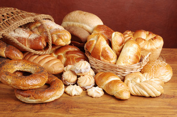 Assortment of baked goods on a wooden table