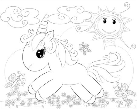 Coloring pages. Little cute pony and rainbow