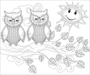 Coloring pages. Birds. Cute owl sits on the tree.