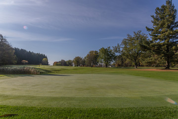 green grass golf course in fall with autumn leaves and trees