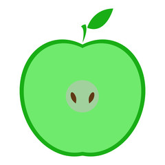 Vector illustration of a sliced green apple. Icon of a fresh apple. Logo for juice green apple. Apple with a leaf and seeds.
