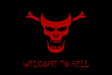 Stylized red skull of a demon on a black background with the text welcome to hell