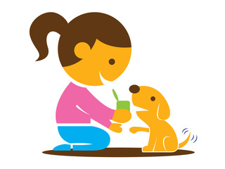 Cartoon cute little feeding food for puppy. Puppy shaking tail with little girl. - vector illustration