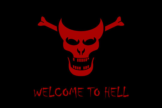 Stylized red skull of a demon on a black background with the text welcome to hell