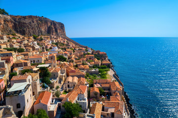 Obraz premium Aerial view of the old town of Monemvasia in Lakonia of Peloponnese, Greece.
