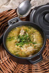 Barley soup with vegetables and chicken.
