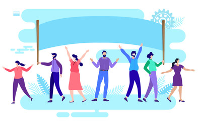 team, group holding banner