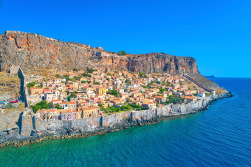 Aerial view of the old town of Monemvasia in Lakonia of Peloponnese, Greece.