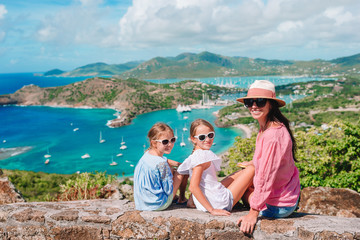View of English Harbor from Shirley Heights, Antigua, paradise bay at tropical island in the...