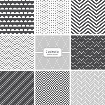 Cute set of Scandinavian geometric seamless patterns in neutral palette colors, vector illustration