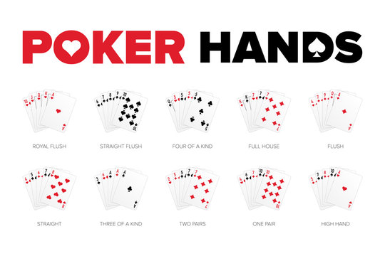 Poker hand rankings isolated on white background. Set of all poker combinations. Vector illustration.