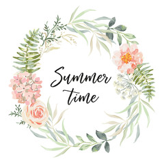 Floral wreath with text Summer time. Flowers, forest green leaves, white background. Wedding invitation circle frame. Pink peony, rose. Vector illustration. Design template greeting card