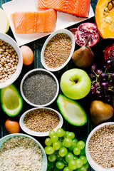 Healthy or vegetarian nutrition concept with selection of organic autumn fruits and vegetables