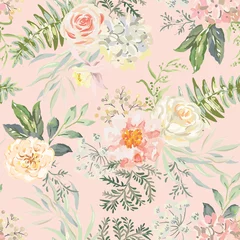 Wall murals Roses Pink rose, peony flowers with green leaves bouquets, peach background. Floral illustration. Vector seamless pattern. Botanical design. Nature summer plants. Romantic wedding
