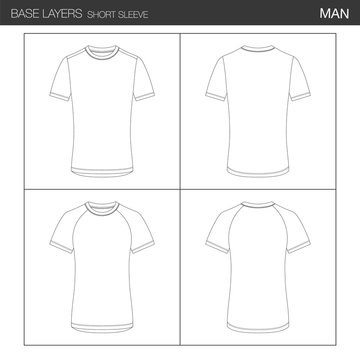 Man Sleeveless Base Layer T-Shirt Set, Back and Front. All Round Neck, Raglan Sleeve Vector Illustration, Outlines and Isolated Background, for Technical Design and Mockup.