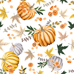 Autumn orange pumpkins, flowers, leaves, white background. Vector seamless pattern. Fall season illustration. October harvest. Organic vegetable garden food. Nature design. Thanksgiving day