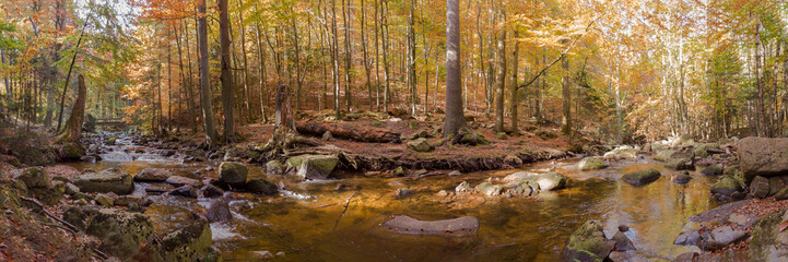 A river in the mountains with stones in autumn as a panorama
