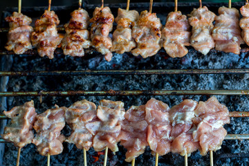 Barbecue pork Toast grill or Toast pork with Thai garnish nutrition preparation for cooking. Thai food, Street food. Pork satay grilling on stove or Thai style roasted pork at the market.