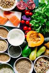 Healthy or vegetarian nutrition concept with selection of organic autumn fruits and vegetables