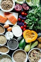 Healthy or vegetarian nutrition concept with selection of organic autumn fruits and vegetables