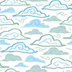 Grunge winter cloud pattern with hand drawn line doodle cloud in blue and icy tones on white background. Happy design for your perfect winter day and home decor.