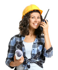 Portrait of female architect with portable radio transmitter on white background