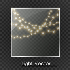 Christmas lights isolated on transparent background. Vector illustration. Lights behind the glass. Background