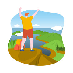 Hiker Man Standing on Top of Mountain Beautiful View Flat Design Illustration