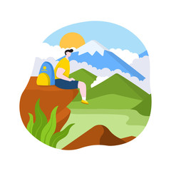 Hiker Man Sitting on Top of Mountain Beautiful View Flat Design Illustration