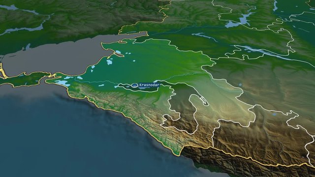 Krasnodar - territory of Russia (territory after annexation of Crimea in 2014) with its capital zoomed on the physical map of the globe. Animation 3D